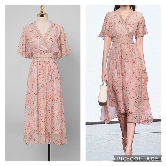 ✨SOLD✨ Lai Meng Five Cats Midi chiffon Dress Pink Flower Floral Elegant V neck - Picture 2 of 10